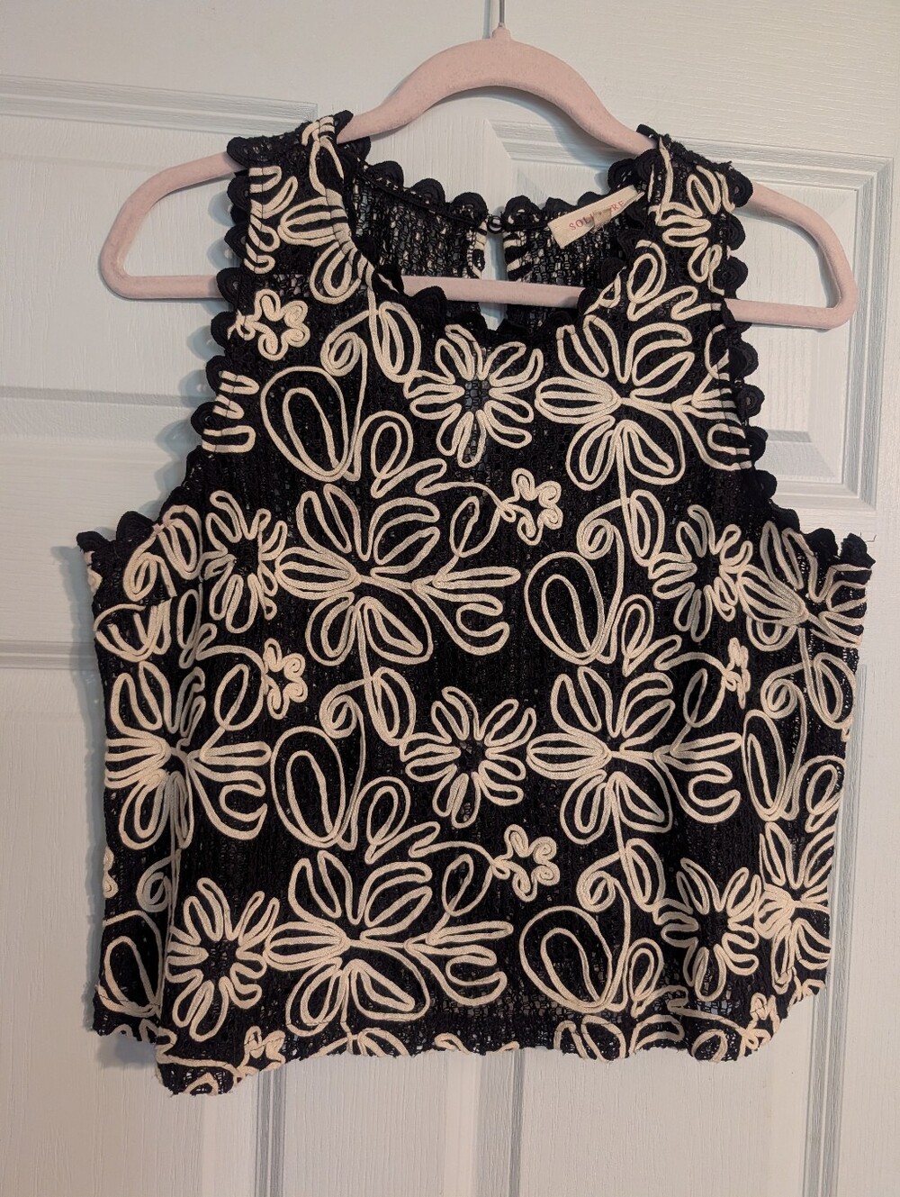 Solitaire Black Crop Top with Cream Floral Embroidery